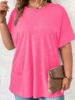 Plus Size Women'S Casual Short Sleeve T-Shirt - Vibrant Purple Solid Color With Side Pockets, Relaxed Fit Round Neck, Medium Stretch Machine Washable Fabric For Spring/Summer Casual Attire, Ladies T Shirts, Versatile Clothing, Mediumstretch Material - Image 5