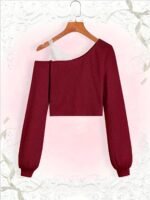 Elegant Light Blue Off-Shoulder Lace Trim T-Shirt - Floral Print, Long Sleeve, Ribbed Texture, Machine Washable - Chic Spring & Autumn Women'S Top - Image 5