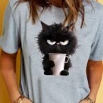 Women'S Casual Sporty T-Shirt, Black Cat Print, Comfort Fit Short Sleeve Tee, Fashion Breathable Casual Top