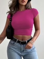 Women'S Slim Fit Stretchy Short Sleeve T-Shirt - Solid Color Burgundy, Round Neck, Casual Top For Spring/Summer, Machine Washable, Everyday Tshirt | Round Neck Tee | Stretchy Fabric - Image 6