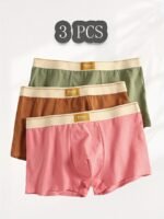 3Pcs Men'S Boxer Briefs - Soft, Light Beige-Friendly, High Elasticity, Non-Stretch, Solid Color (Black, Orange, Brown) With White Trim, Comfortable Underwear|Minimalist Underwear|Soft Fabric Underwear - Image 4