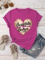 Women'S "Beautifully Broken" Heart Print Casual T-Shirt - Vibrant Orange Short Sleeve Round Neck Summer Top, Machine Washable & Affordable, Ladies T Shirts, Everyday Fashion, Relaxed Fit Tee, Allseason Wear - Image 2