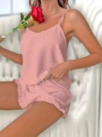 Women'S Plus Size Lace Trim Cami Pajama Set - Soft Polyester, Solid Color, Ruffled Detail, Comfortable Sleepwear For Spring/Summer/Fall, Relaxed Fit Pajamas | Ruffled Detail Clothing | Smooth Texture Fabric - Image 7