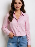 Elegant Striped Button-Up Shirt For Women - Chic Long Sleeve, Lightweight Polyester Blend, Versatile Blue With White Stripes, Ideal For Spring/Summer - Image 5