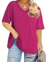 Plus Size Solid Simple Crew Neck T-Shirt, Casual Short Sleeve Top For Spring & Summer, Women'S Plus Size Clothing - Image 4