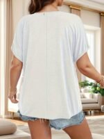 Plus Size Solid Lace Stitching T-Shirt, Casual V Neck Short Sleeve Top For Spring & Summer, Women'S Plus Size Clothing - Image 6