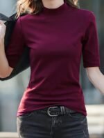 Women'S Casual Stretch T-Shirt - Vibrant Green Solid Color, Stand-Up Collar, High Elasticity, Machine Washable, All-Season Comfort Fit, Cute T Shirts, Versatile Clothing, Pearl Necklace Accent - Image 6