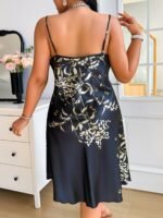 Plus Size Women'S Black & Golden Floral Print Spaghetti Strap Nightgown - Sexy Stack Neck Lounge Dress, Machine Washable All-Season Sleepwear For Adults, Night Dress Sleepwear, Elegant Nightwear, Allseason Fabric - Image 7