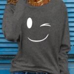 Women'S Casual Long Sleeve Crew Neck Graphic Print T-Shirt - Playful Joyful Face Design, Slim Fit, Soft Breathable Fabric For Spring & Fall, Versatile Everyday Top, Ladies T Shirts, Wink Motif Apparel, Highquality