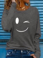 Women'S Casual Long Sleeve Crew Neck Graphic Print T-Shirt - Playful Joyful Face Design, Slim Fit, Soft Breathable Fabric For Spring & Fall, Versatile Everyday Top, Ladies T Shirts, Wink Motif Apparel, Highquality