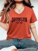 Women'S Casual V-Neck T-Shirt With Brooklyn New York Letter Print - Vibrant Pink & Black Graphic, Short Sleeve Regular Fit, Machine Washable For Spring Summer Fall, Ladies T Shirts, Casual Attire, Durable Fabric - Image 6