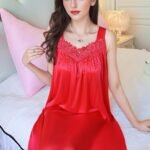 Plus Size Women'S Sexy Sleeveless Spaghetti Strap Sleep Dress - Lightweight Ice Sliky Fiber Mid-Length Nightgown, Vibrant Red Non-See-Through Summer Pajama & Lounge Wear
