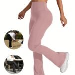 Plus Size Sports Pants, Women'S Plus Solid Wide Waistband High Rise Flared Leg High Stretch Yoga Trousers Suitable Spring/Autumn