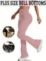 Plus Size Sports Pants, Women'S Plus Solid Wide Waistband High Rise Flared Leg High Stretch Yoga Trousers Suitable Spring/Autumn