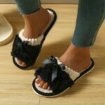 Women'S Plush Fleece Slip-On Slippers With Bow Detail - All-Season Indoor House Shoes, Soft Eva Sole For Comfort & Quiet, Cozy Home Slippers In Black/White/Green/Beige/Pink/Grey, Cute Slippers - Image 5