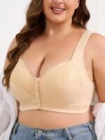 Plus Size Women'S Front Closure Wire-Free Contrast Lace Bra - Jacquard & Lace Trim, Non-Removable Padded Cups, Minimalist Everyday Comfort For Autumn Winter, Elegant Lingerie, Soft Fabric Construction - Image 5