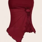 Y2K Asymmetrical Hem Strapless Top With Ruched Detail & Side Tassel - High Elasticity Burgundy Solid Color Women'S Fashion Top For All Seasons, Casual Outfit, Trendy Style, Soft Material, Stylish Blouse, Women