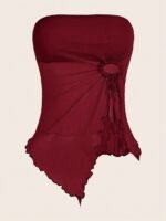 Y2K Asymmetrical Hem Strapless Top With Ruched Detail & Side Tassel - High Elasticity Burgundy Solid Color Women'S Fashion Top For All Seasons, Casual Outfit, Trendy Style, Soft Material, Stylish Blouse, Women