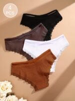 4Pcs Women'S Lingerie Briefs With Lace Trim - Sexy Ribbed Design, Solid Colors (White, Pink, Gray, Black), Soft & Comfortable Underwear For Casual Attire, Lingerie Sets, Comfortable Underwear, Elegant Underwear, Soft Fabric Underwear - Image 15