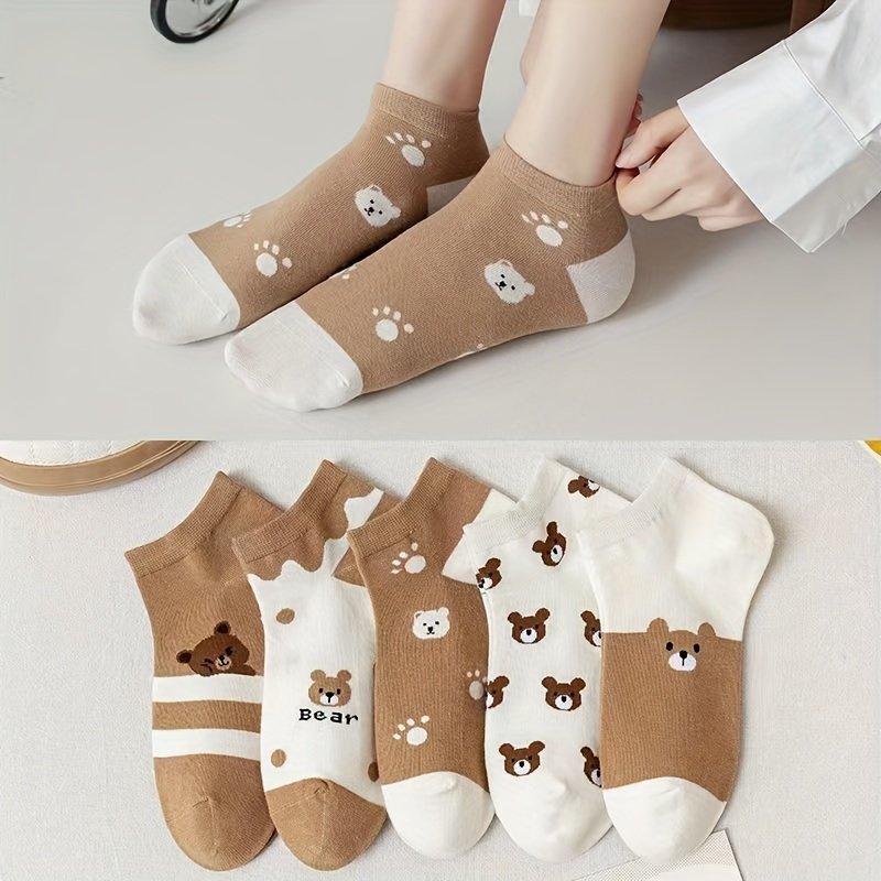 product-fancy-ad106f1b-6cd3-42c0-92a2-723b1e1a3b8a.jpg 5 Pairs Women'S Ankle Socks - Cute Bear & Paw Print Design, Anti-Odor Warm Boat Socks For Fall, Trendy Japanese Style Casual Socks & Fashion Enthusiasts, Accessories, Playful Sock Designs, Soft Fabric Socks - Image 1