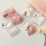 5 Pairs Women'S Cute Cartoon Cat Print Ankle Socks - Breathable Fabric, Assorted Patterns (Stripes, Polka Dots, Hearts) In Pink, White & Beige, Perfect For Casual Attire, Cute Socks - Image 3