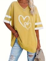 Women'S Casual V-Neck Short Sleeve T-Shirt - Royal Blue With White Heart Print, Breathable Fabric, Machine Washable For Spring Summer Fall, Seasonal Fashion, Striped Detailing, Relaxed Fit Shirt - Image 6