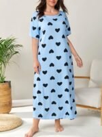 Women'S Plus Casual Sleep Dress, Plus Size Heart Print Short Sleeve Crew Neck Nightdress - Image 5