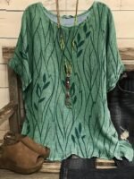 Women'S Plus Size Summer Loungewear Top - Breathable Loose Fit Leaf Print Blouse With Mustard Yellow & Green Design, Machine Washable Casual Home & Outing Shirt, Summer Blouse, Relaxed Outfit, Elegant Style, Easy Care, Stylish Shirt, Relaxed Style - Image 3