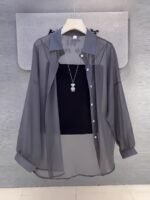 Solid Color Loose Button Front Shirt, Casual See Through Long Sleeve Thin Shirt For Spring & Fall, Women'S Clothing