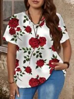 Plus Size Rose Print V Neck T-Shirt, Casual Short Sleeve Top For Spring & Summer, Women'S Plus Size Clothing - Image 2