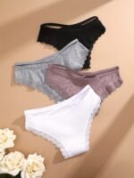 4Pcs Women'S Lingerie Briefs With Lace Trim - Sexy Ribbed Design, Solid Colors (White, Pink, Gray, Black), Soft & Comfortable Underwear For Casual Attire, Lingerie Sets, Comfortable Underwear, Elegant Underwear, Soft Fabric Underwear - Image 11