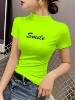 Chic Embroidered "Smile" Mock Neck T-Shirt For Women - Vibrant Orange, Short Sleeve, Slim Fit, Casual Spring/Summer Top, Machine Washable, Polyester & Spandex Blend - Image 4