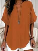 Elegant Plus Size Women'S V-Neck Short Sleeve Blouse - Light Gray, Casual & Stylish For Spring/Summer, Relaxed Fit With Half-Sleeve Design, Casual Wear | Relaxed Fit Top | Stylish Necklin - Image 3