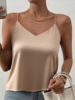 1Pc Elegant Off-Shoulder Sleeveless Blouse For Women - Chic White Satin Summer Top With Deep V-Neck, Perfect For Layering Or Standalone Outfits, Versatile Fashion | Elegant Offshoulder | Satin Finish - Image 4