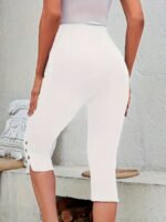 Vacation Ready, Women'S Plus Size High-Waist Stretch Capri Leggings - Comfortable & Stylish, Solid White With Button Detail, Elastic Waistband, Casual Wear - Image 3