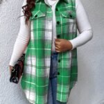 Plus Size Plaid Pattern Button Front Vest, Casual Sleeveless Flap Detail Gilet Jacket For Fall & Spring, Women'S Plus Size Clothing