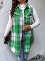 Plus Size Plaid Pattern Button Front Vest, Casual Sleeveless Flap Detail Gilet Jacket For Fall & Spring, Women'S Plus Size Clothing