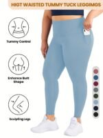 Plus Size High Waist Yoga Pants With Side Pockets - 88% Polyester 12% Elastane Stretchy Tummy Control Leggings, Sculpting Workout Gym Activewear For Women, All-Season Comfort (Machine Washable) - Image 8
