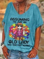 Women'S Casual Loose Fit V-Neck Short Sleeve T-Shirt - Vibrant Green Print With "Assuming I'M Just An Old Lady" Slogan & Floral Fashion Glasses Design, Medium Stretch Machine Washable Top For Spring Summer Fall, Ladies T Shirts, Relaxed Weekend Outfit, Playful Statement Shirt, Comfortable Stretch Fabric, Fun Statement Wear - Image 3