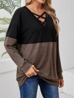 Plus Size, Women'S Casual Long Sleeve T-Shirt - Color-Blocked V-Neck Cross-Strap Design, Black & Olive Green, Machine Washable, Spring Summer Fall Essential, Everyday Outfit, Stylish Pullover, Comfortable Fit, Pullover Top, Casual Attire - Image 11