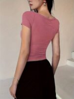 Women'S Elegant Ribbed Crop Top With Button Front - Pink, Short Sleeve, Button-Up Shirt For Spring/Summer, Polyester Blend, Machine Washable, Spring Fashion Tee | Buttonup Shirt | Texture - Image 10