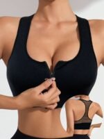 1Pc Women'S Sports Bra With Zipper Back, Hollow Out Seamless, Medium Support, Removable Padding, Knit Fabric, 90% Elastane 10%, Solid Color, For Yoga Fitness & Casual Wear - Image 3