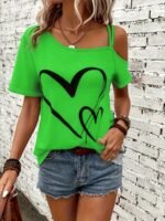 Heart Print Slant Shoulder T-Shirt, Casual Short Sleeve Top For Spring & Summer, Women'S Clothing - Image 3