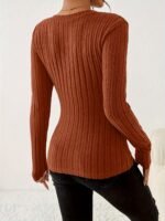 V Neck Slim Ribbed T-Shirt, Elegant Solid Long Sleeve Top For Spring & Fall, Women'S Clothing - Image 6