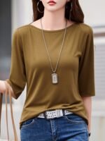 Women'S Casual Viscose T-Shirt - Solid Color, Off The Shoulder, Regular Length, Ideal For Spring/Fall, Ladies T Shirts - Image 4