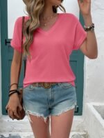 Women'S Chic V-Neck Short Sleeve T-Shirt - Solid Color, Casual Summer Top In White, Perfect For Spring & Summer Outfits, Ladies T Shirts - Image 6