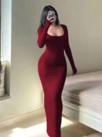 Form-Fitting, Ultra-Long Women'S Autumn Dress With Long Sleeves, Square Neckline, A-Line Silhouette, And A Sexy, Tailored Fit. - Image 4