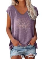 Lotus Print V-Neck T-Shirt, Casual Cap Sleeve T-Shirt For Spring & Summer, Women'S Clothing - Image 2