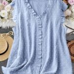 Women'S Plus Size Sleeveless Blouse - Elegant V-Neck With 3D Dot Lace Trim, Polka Dot Pattern, Ruffled Detail, Polyester, Perfect For Casual Or Formal Occasions, Casual Wear Blouses | Polka Dot Design | Delicate Lace Detailing