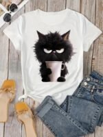 Women'S Casual Sporty T-Shirt, Black Cat Print, Comfort Fit Short Sleeve Tee, Fashion Breathable Casual Top - Image 6